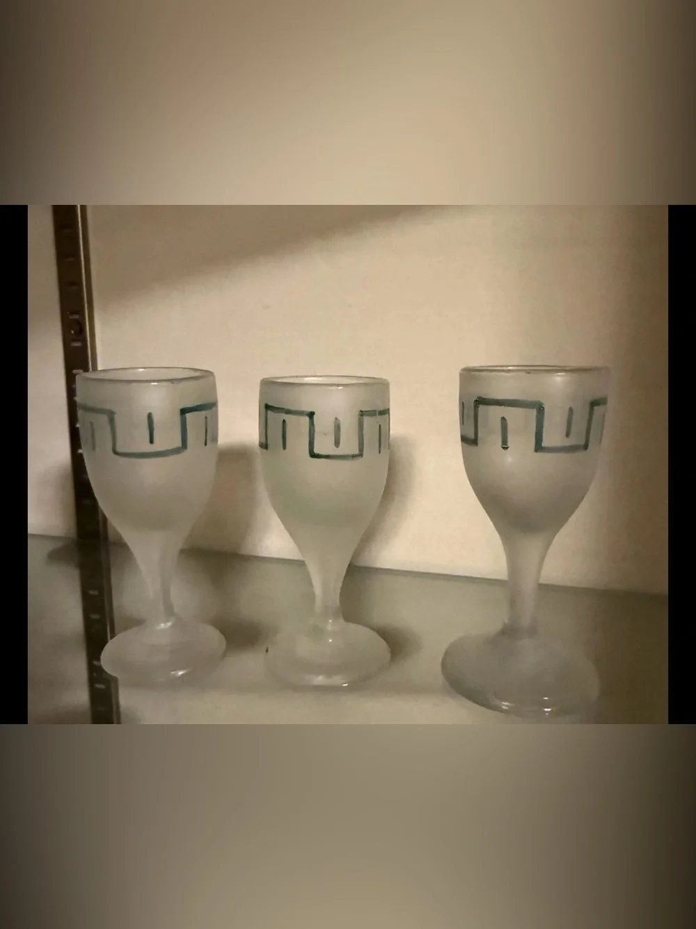 Vintage Frosted Glass Decanter Set Greek Key Tray & 3 Cordial Glasses MCM
